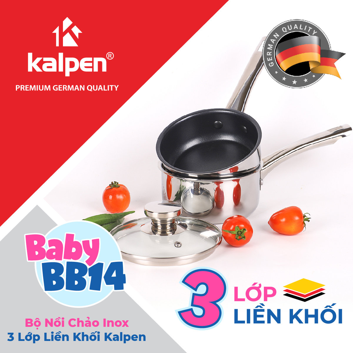 Bộ quánh chảo Inox 3 lớp liền khối Kalpen Baby BB14 size 14cm, bảo hành 30 năm