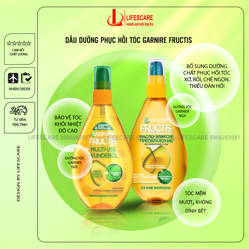 Tinh dầu dưỡng tóc Garnier Fructis Oil siêu phục hồi tóc hư tổn không dính bết, 150ml Tạo kiểu tóc