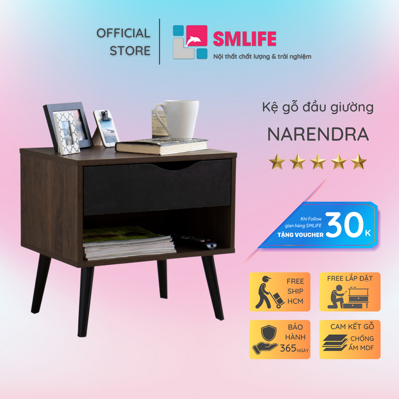 Tủ đầu giường nhỏ gọn bằng gỗ SMLIFE Narendra