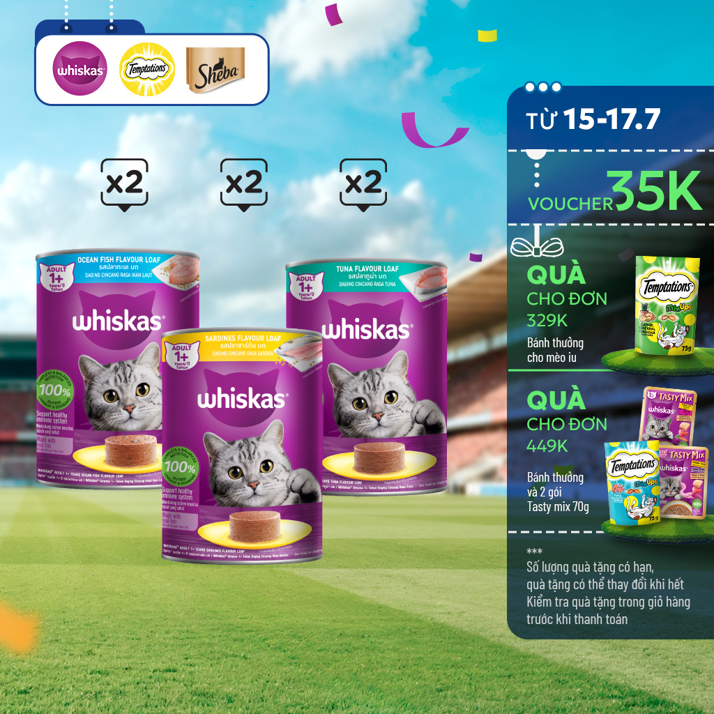WHISKAS Combo Thức Ăn Cho Mèo Trưởng Thành Dạng Pate Mix 3 Vị 400G (dạng lon)