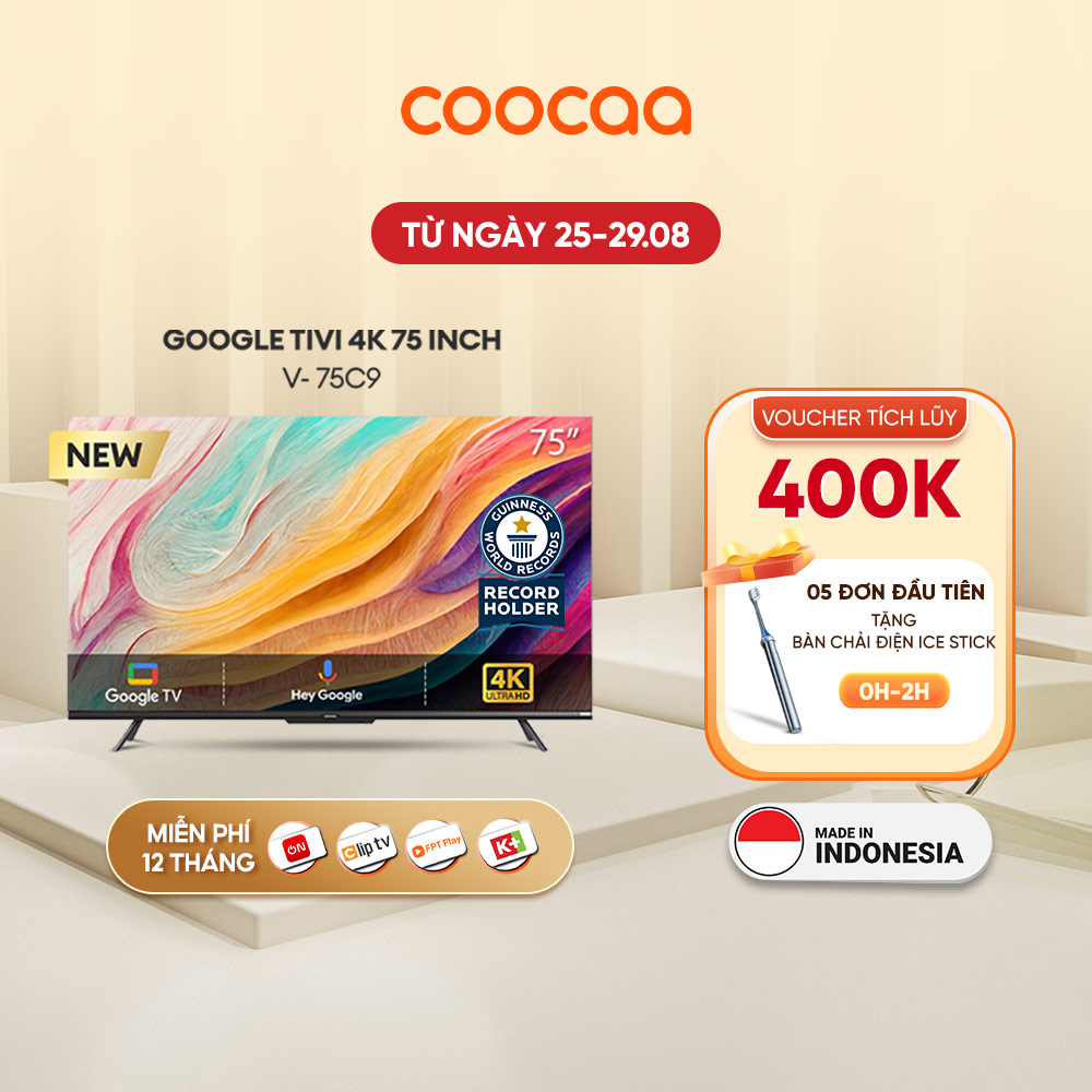 Google tivi coocaa 4k 75 inch - 75c9 youtube netfilx smart tv 2022 new tv tặng gói giải trí cliptv 1 năm, k+ 1 năm, fpt 12 tháng gói family + 6 tháng vod 4k, vtvcap on 1 năm