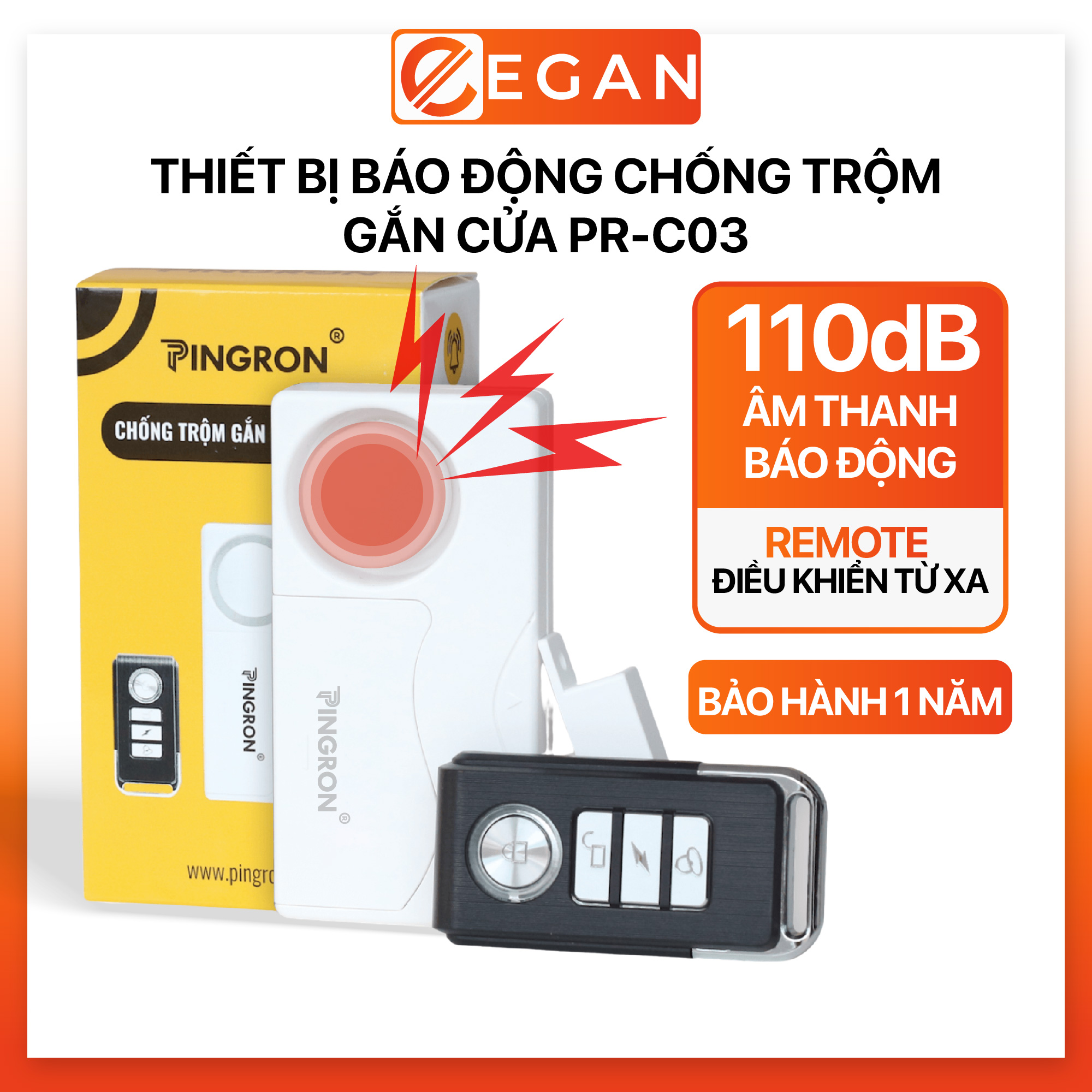 Thiết bị báo động chống trộm gắn cửa chuông báo động chống trộm PINGRON PR-C03 - Âm thanh lớn, dùng pin AAA, điều khiển từ xa
