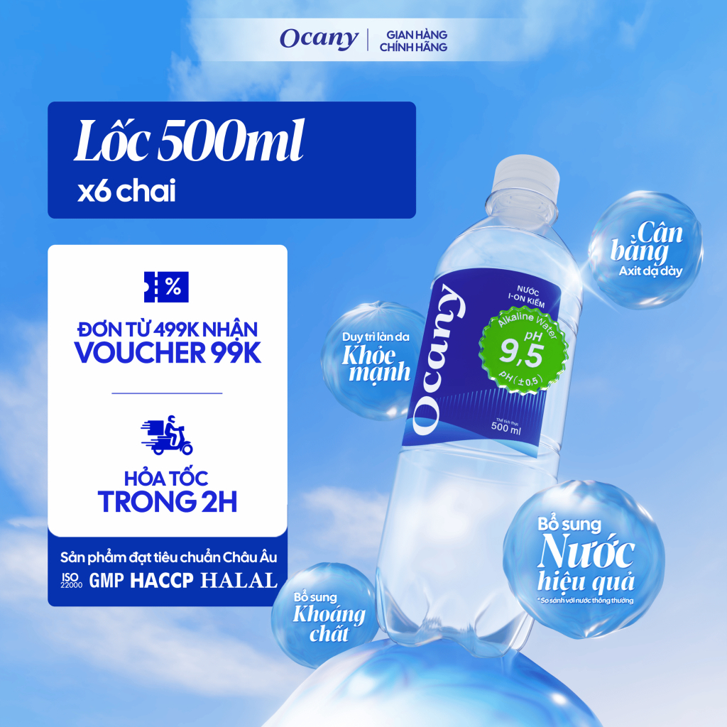 Lốc 6 chai nước Ion Kiềm Ocany cao cấp pH 9.5 chai 500ml giúp trung hòa axit dạ dày, hỗ trợ sức khỏe