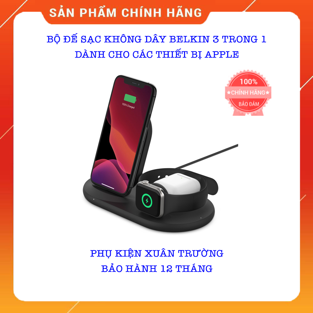 Bộ đế sạc không dây belkin 3 trong 1 cho các thiết bị apple: iphone, apple watch, airpods - chính hãng belkin - bảo hành 12 tháng