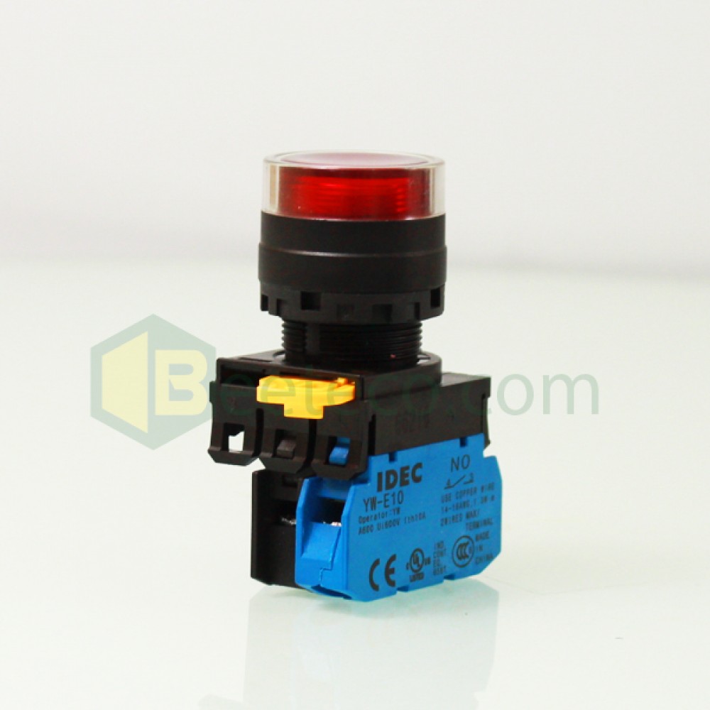 Yw1l-mf2e10qm3 : nút nhấn idec phi 22, có đèn, 220v ac/dc, loại phẳng, nhấn nhả 1no
