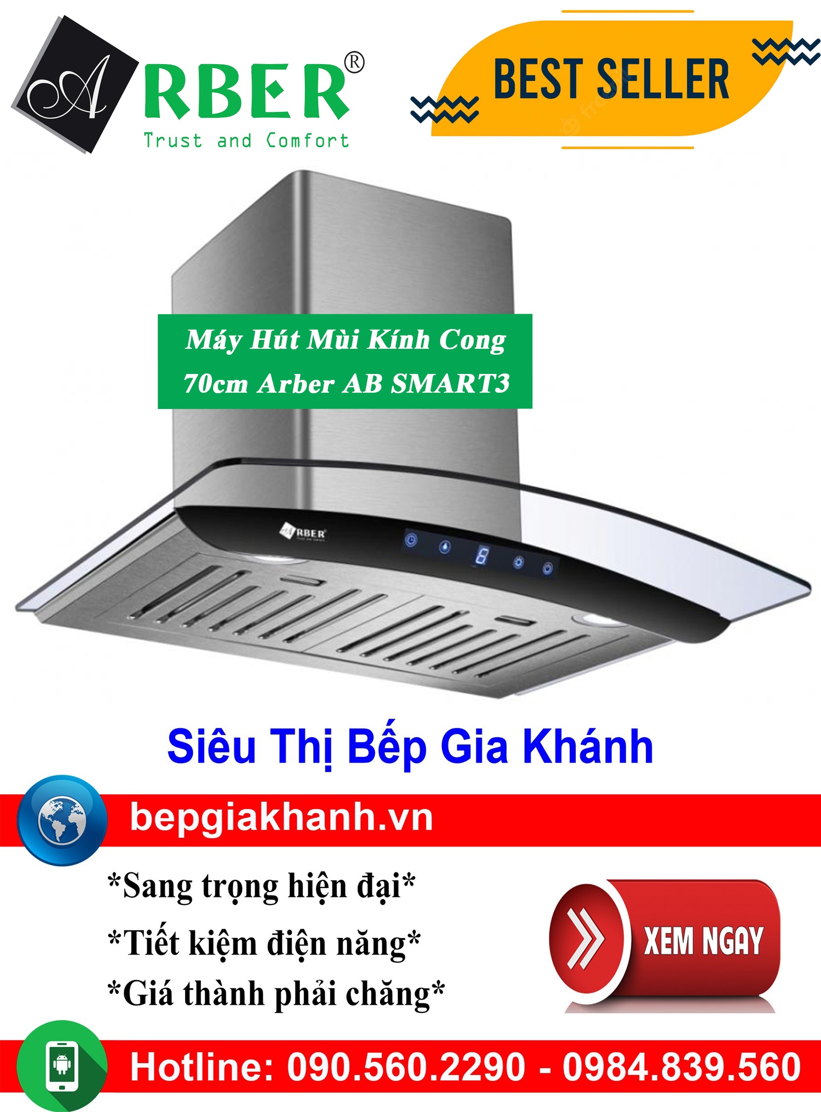 [HCM]Máy hút mùi kính cong 70cm Arber AB SMART3, máy hút mùi nhà bếp, máy hút mùi bếp, máy hút mùi kính cong, máy hút mùi canzy, máy hút mùi mini, máy hút mùi âm trần, máy hút mùi electrolux, may hut mui