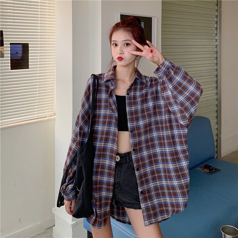 Áo khoác sơ mi flannel kẻ caro dài tay nhiều màu form rộng dễ phối đồ