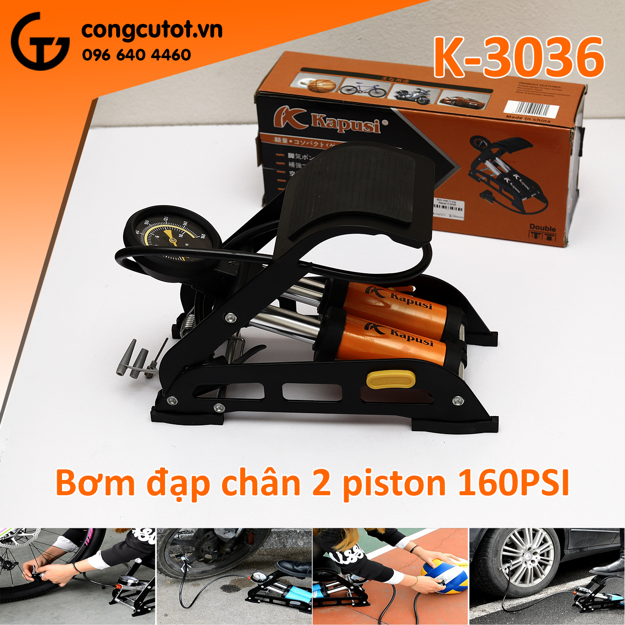 Bơm hơi đạp chân - bơm xe máy, xe đạp Kapusi K-3036 Nhật Bản 2 piston