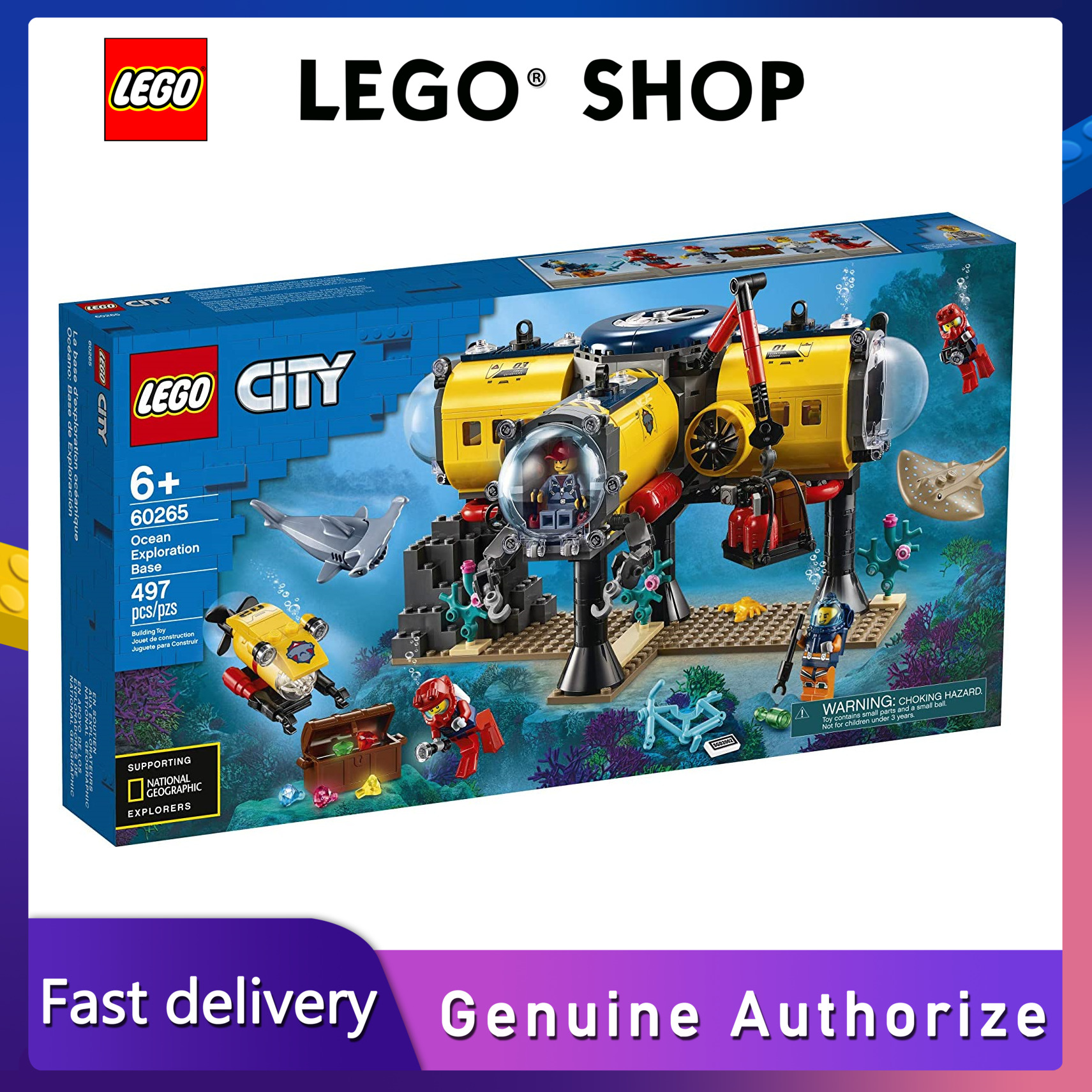 【Hàng chính hãng】 LEGO Bộ đồ chơi City Ocean Exploration Base 60265 với tàu ngầm, máy bay không người lái dưới nước, thợ lặn, thợ lặn, nhà khoa học và 2 nhân vật nhỏ thợ lặn, cũng như hình cá đuối và cá mập đầu búa (497 miếng) đảm bảo chính hãng
