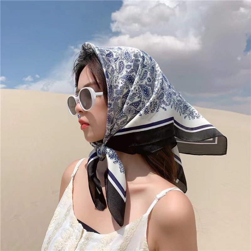 Khăn lụa vuông họa tiết-thổ cẩm nhiều màu cam- choàng cổ cao cấp 70x70cm khăn bandana lụa thythy, áo yếm