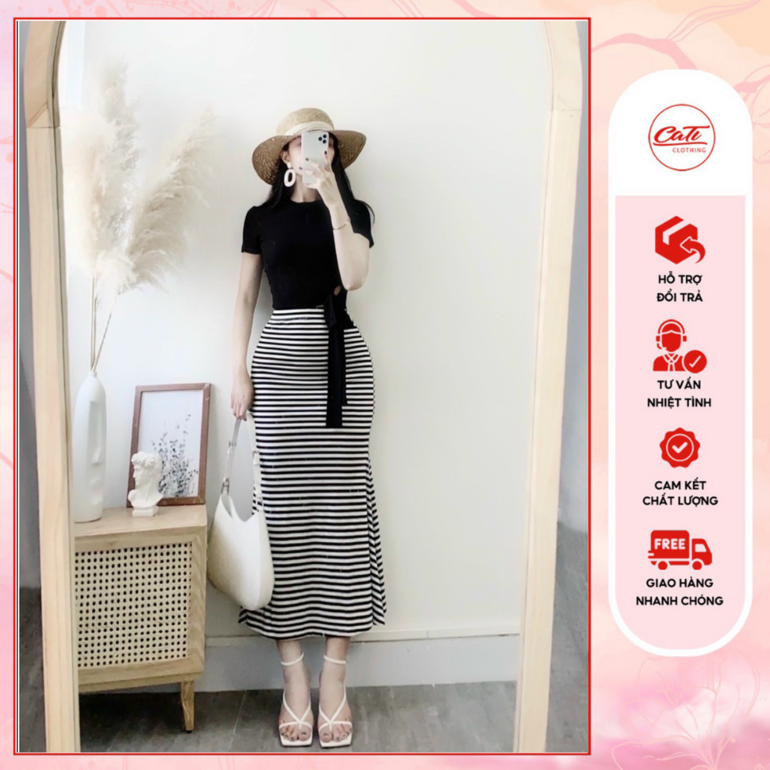 CATI Set bộ body thun chân váy kẻ