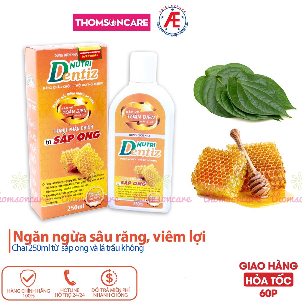Súc miệng Nutri Dentiz - giảm sâu răng, hôi miệng, nhiệt miệng - Từ Sáp ong trầu không - chai 250ml Nutridentiz Nước Súc miệng