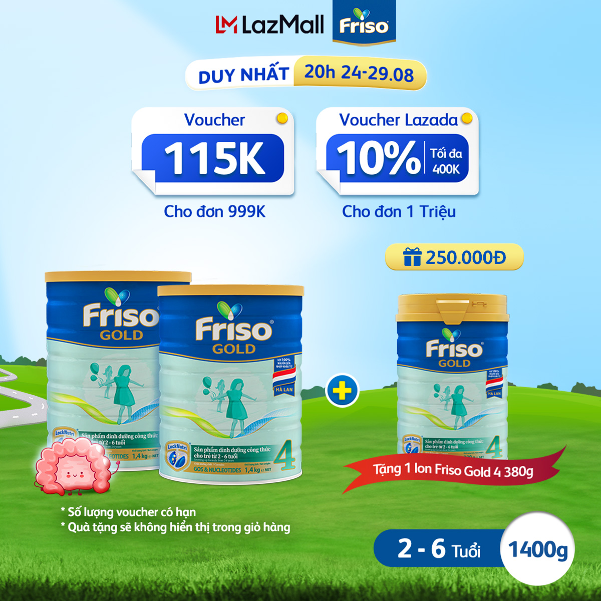 Bộ 2 lon sữa bột friso gold 4 lon thiếc 1.4kg-cho trẻ từ 2-6 tuổi