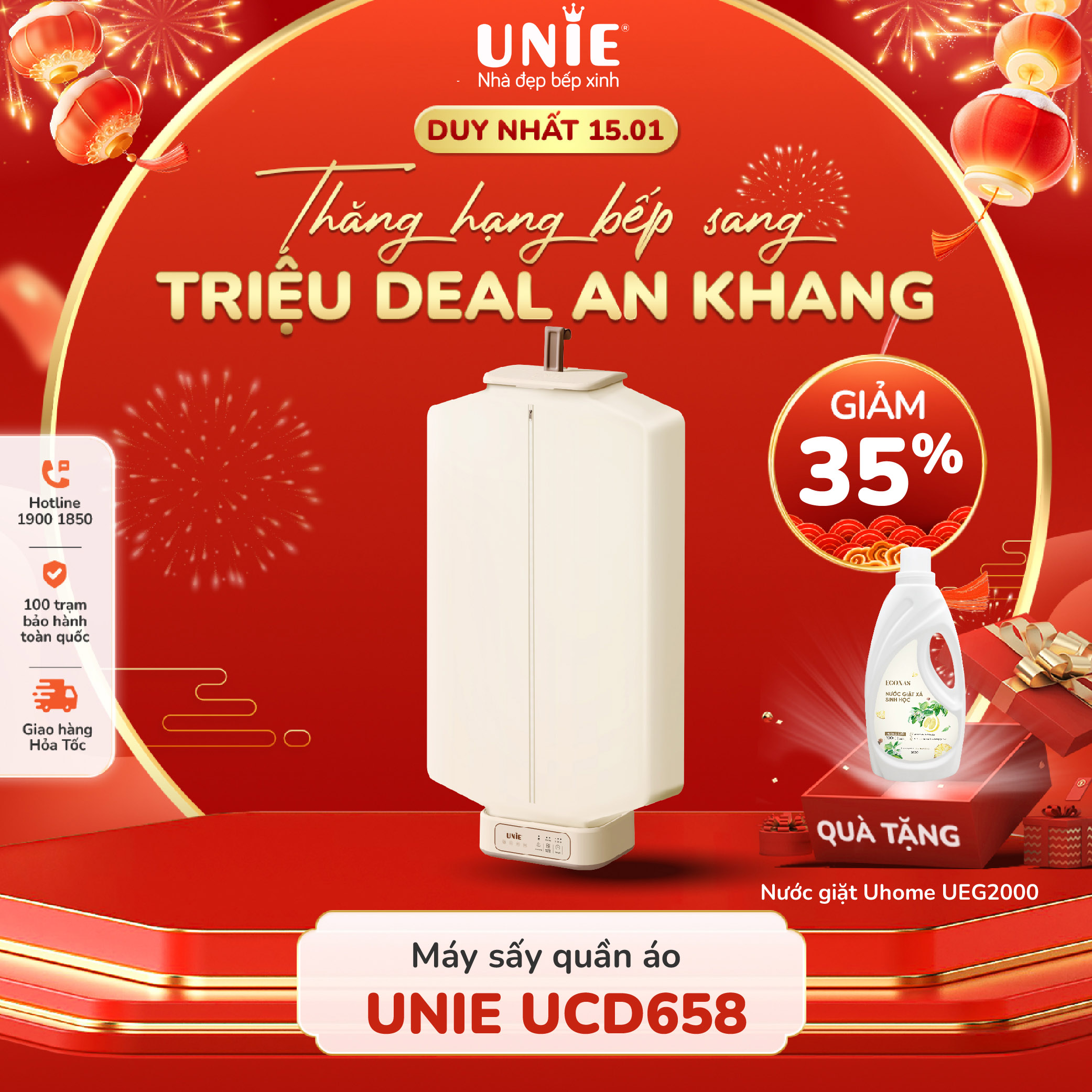 Tủ sấy quần áo Unie UCD658, công suất 700w, Công nghệ sấy 3D làm mềm & bền vải, sấy khô trong 20 phút