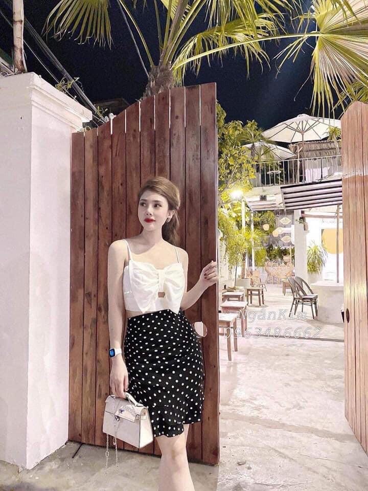 sét chân váy chấm bi kèm áo 2 dây thắt nơ ngực thời trang MTB70