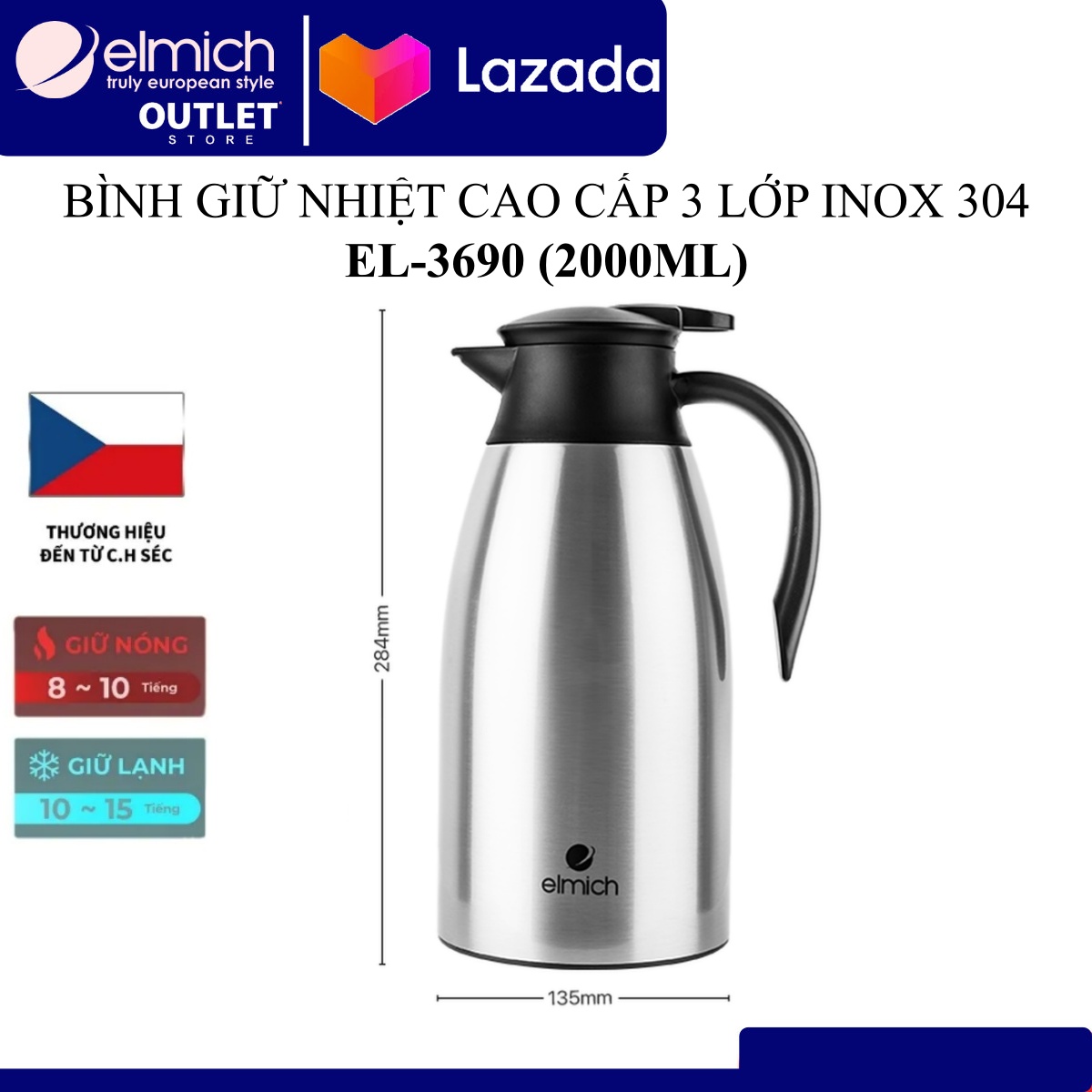 Bình đựng nước giữ nhiệt 2 lớp INOX 304 Tráng Bạc Elmich (Dung tích 1500ml, 2000ML, Giữ nóng 8 tiếng lạnh 12 tiếng)