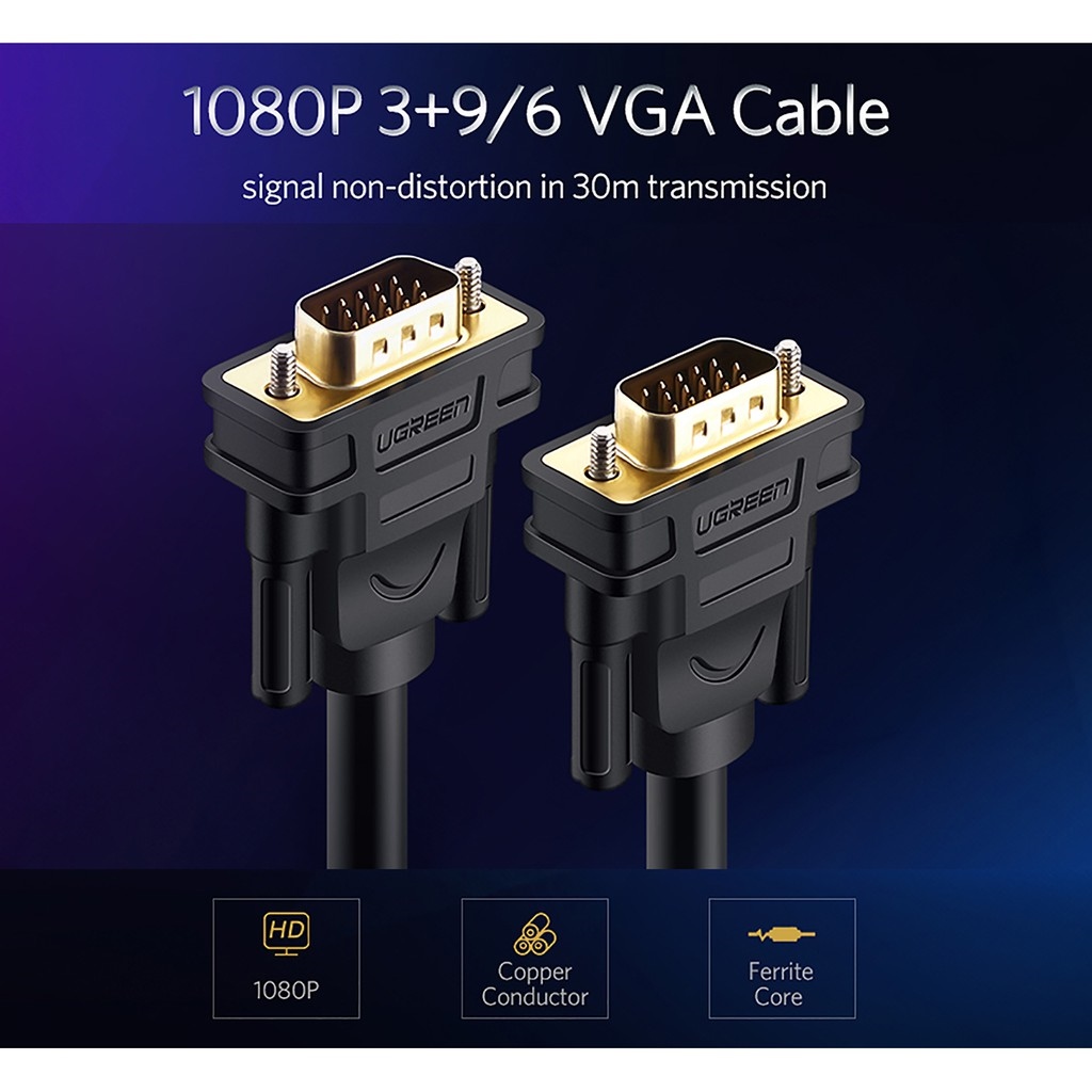 Cáp VGA Male to Male Hỗ trợ Full-HD 1080P Cao Cấp UGREEN - BH 18T Chính Hãng