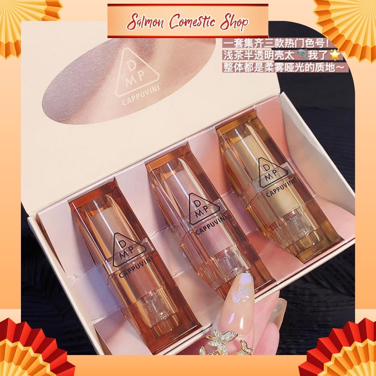 Son môi, set 3 cây son thỏi lì cappuvini dmp cp67 bảng dupe 3ce fullbox xinh, hottrend, nội địa trung - salmon shop