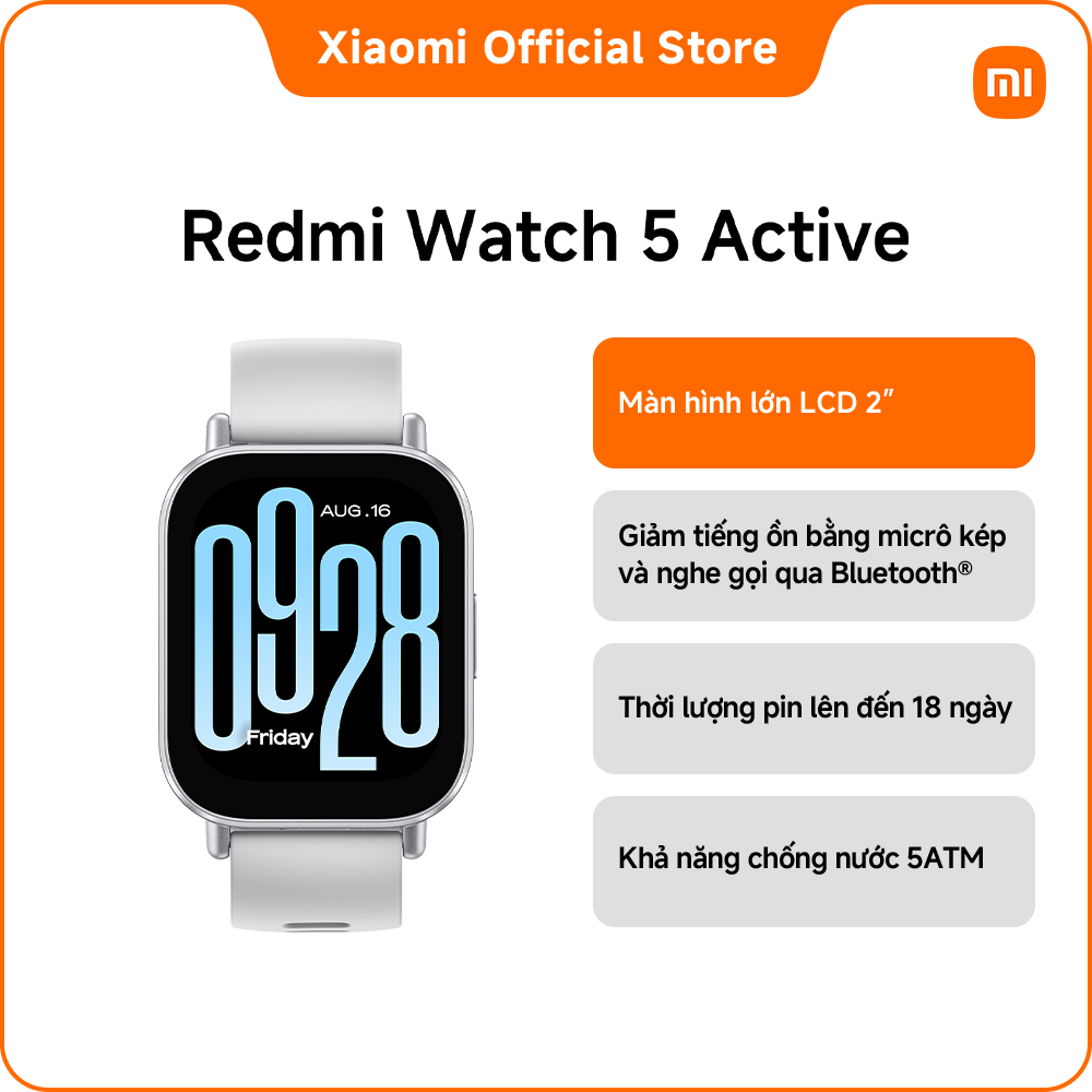  Đồng hồ thông minh REDMI Watch 5 Active | Màn hình lớn LCD 2” | Giảm tiếng ồn bằng micrô kép và nghe gọi qua Bluetooth® | Thời lượng pin lên đến 18 ngày 