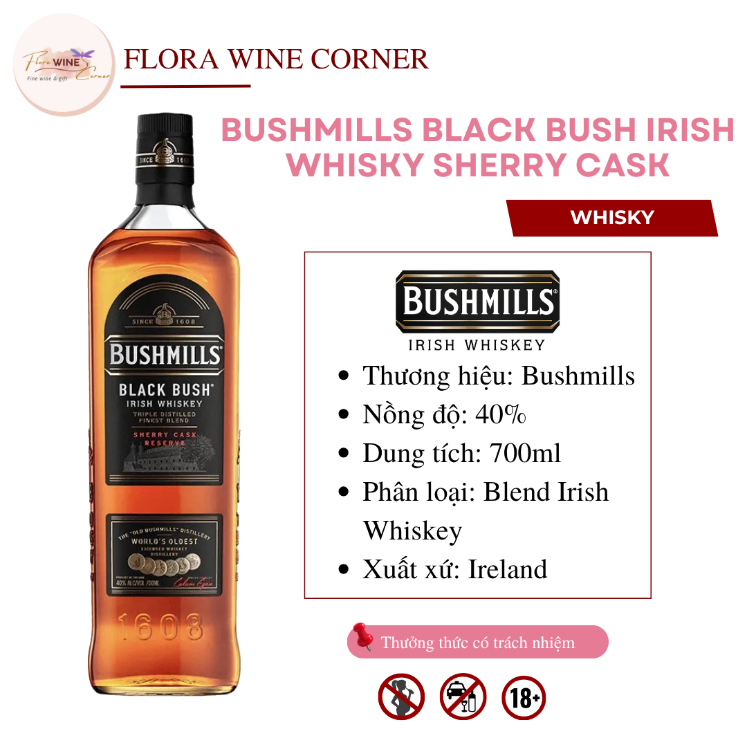 Rượu mạnh Whisky Ireland Bushmills Black Bush – Nồng độ 40% Alc, 700ml - Nhập khẩu Chính Hãng