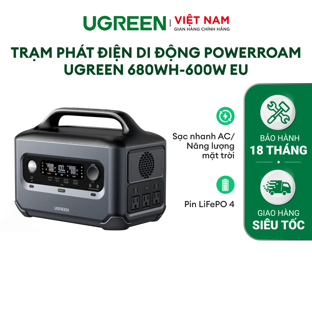 Trạm phát điện di động PowerRoam UGREEN 680Wh600W EU / 1024Wh1200W EU 2Shucko 2USBC 2USBA & Car Port BH 18 tháng 15050 15054