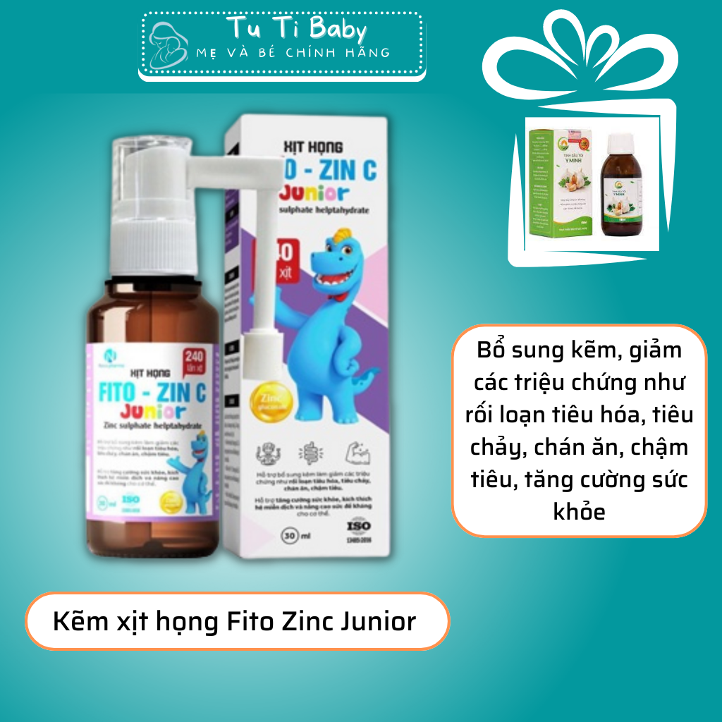 FITO ZINC Junior 30ml xịt bổ sung Kẽm và Vitamin C cho trẻ sơ sinh Tặng kèm 1 Tinh dầu tỏi