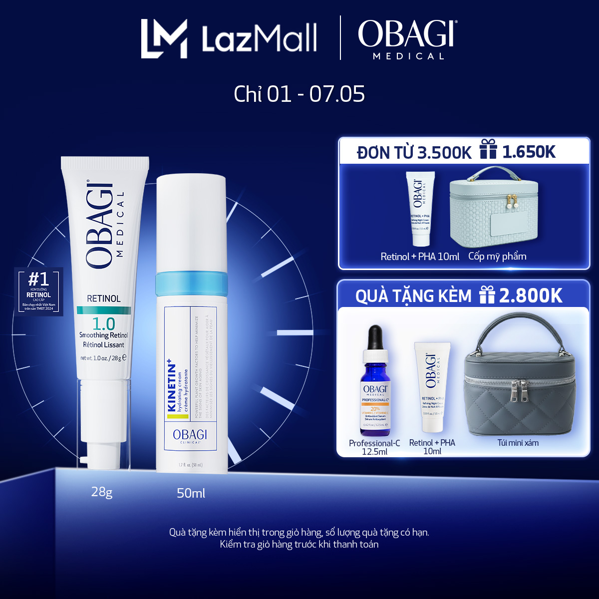 Bộ đôi Kem chống lão hóa Obagi Retinol 1.0 28g và Kem dưỡng phục hồi làm dịu da Obagi Clinical Kinetin+ Hydrating Cream 50ml