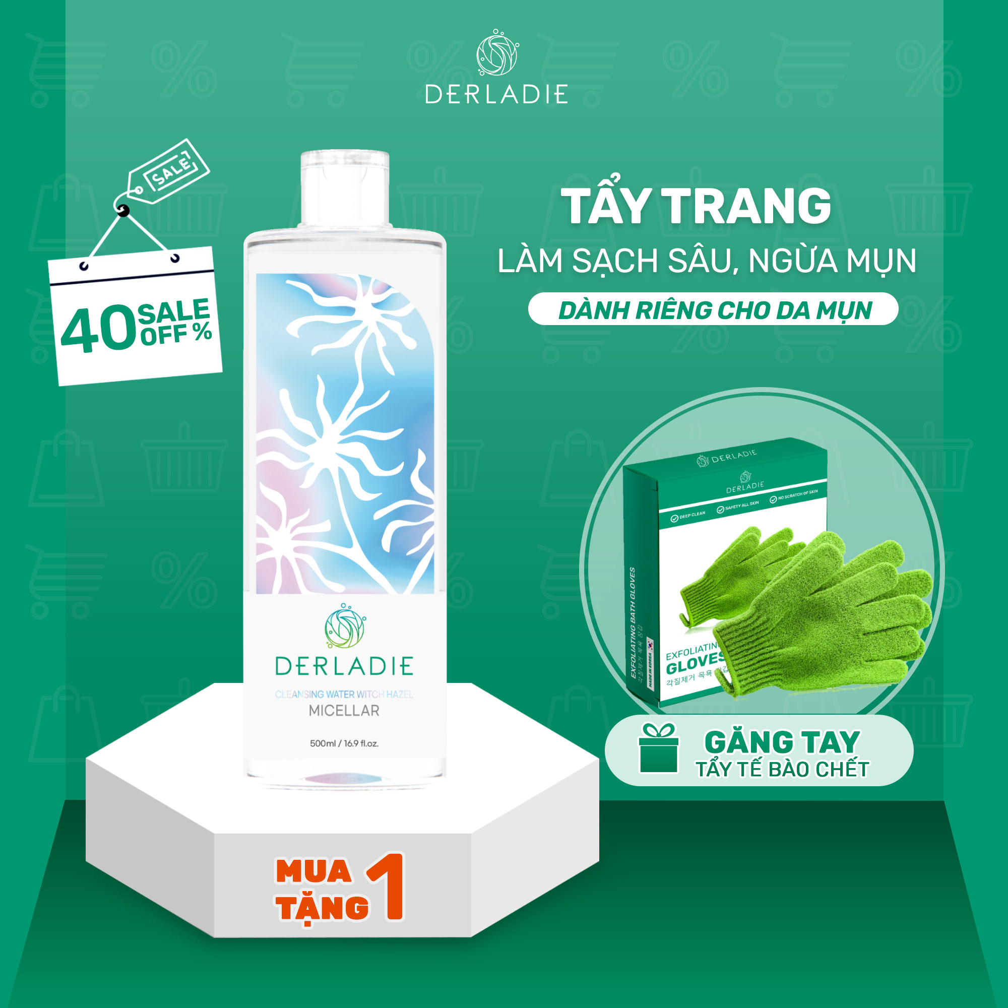 [Bản nâng cấp] Nước Tẩy Trang Dành Derladie Cleansing Water Witch Hazel MICELLAR 500ml + Tặng Găng Tay Tắm Tẩy Da Chết