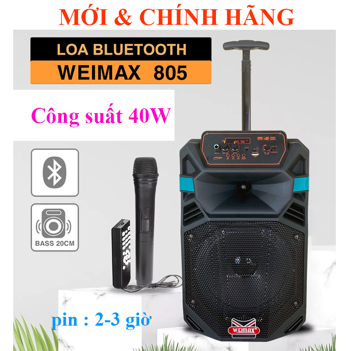 Loa kéo karaoke công suất 40w weimax 805 bass 2 tấc bluetooth 5.0 tặng kèm 1 micro không dây kết nối usb thẻ nhớ ghita \ lg rl2