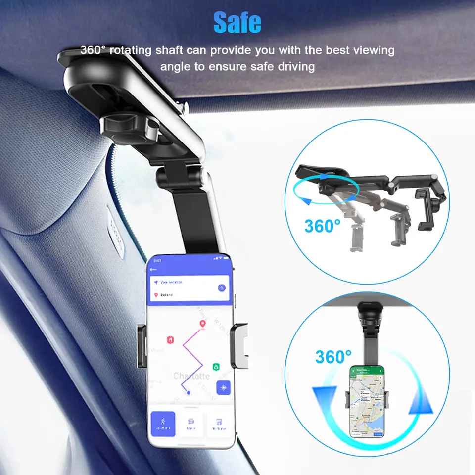 1PC Car Universal Clip 360 Adjustable Cellphone Stand Rearview Mirror Cradle black Car Phone Mount Sun Visor Phone Holder