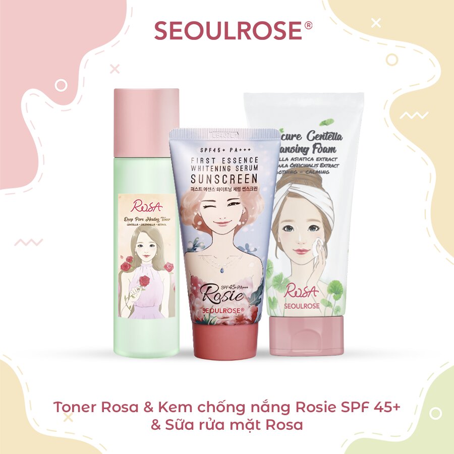 Bộ chăm sóc da buổi sáng sữa rửa mặt rosa, nước hoa hồng rosa, kem chống nắng rosie