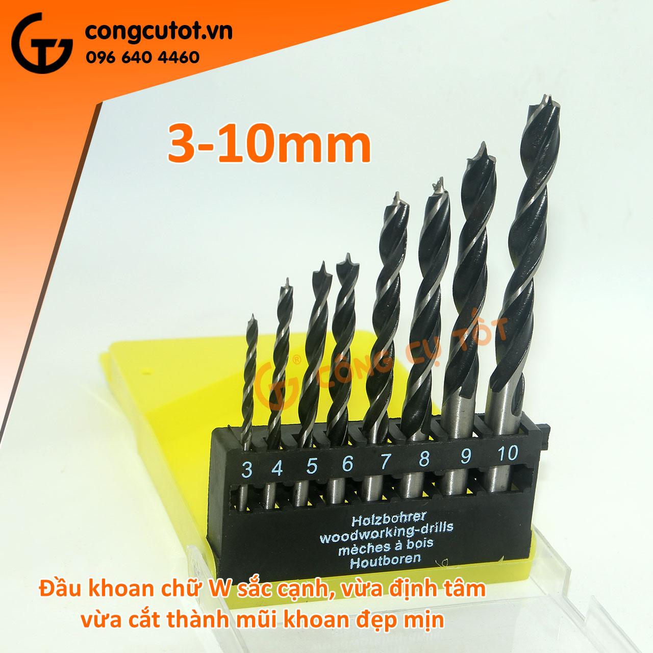 Bộ 8 mũi khoan gỗ đầu đinh 3-10mm chuôi tròn HRC50