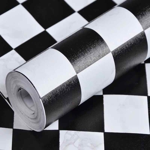 Giấy Dán Tường Kẻ Caro Đen Trắng có keo sẵn cuộn 0.45*10m