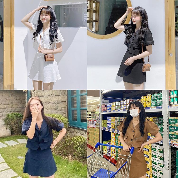 SET áo croptop cổ vest tay phồng + chân váy có quần bên trong Hàn Quốc