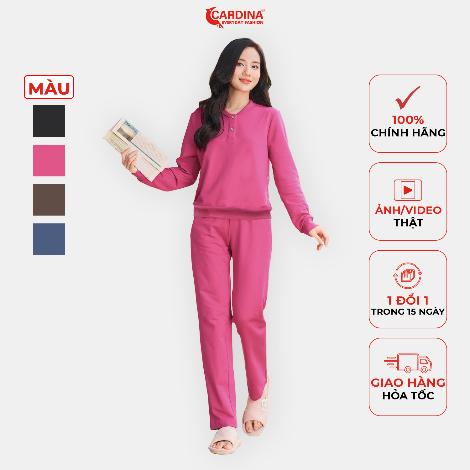 Bộ nỉ thu đông nữ CARDINA cổ trụ áo bo gấu chất liệu nỉ dày dặn co dãn tốt phom ôm vừa tôn dáng 3BNF02