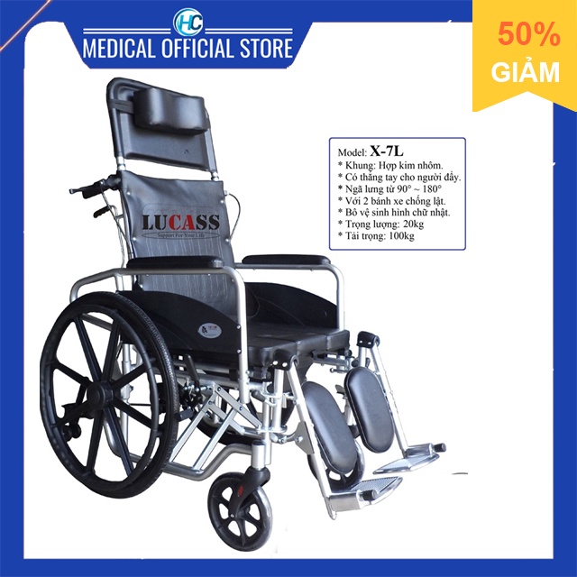 Xe lăn nằm đa năng khung nhôm nhẹ, bô vuông, đệm simili, bánh mâm, có thắng lucass x-7l