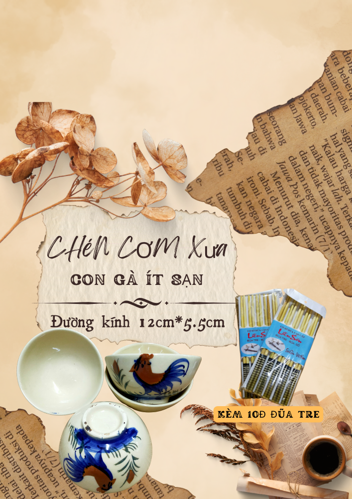 Bộ 10c chén cơm con gà thủ công xưa ít sạn