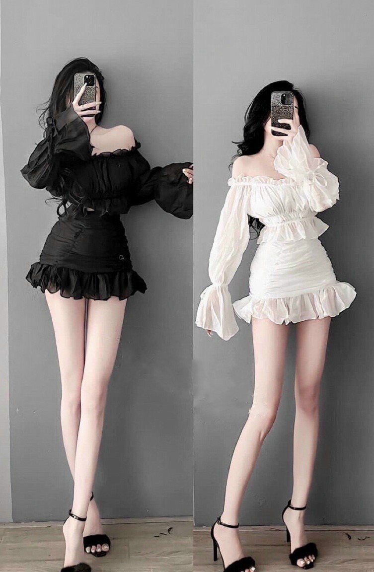 Sét áo bẹt vai tay dài + chân váy ,chất vải voan 2 lớp