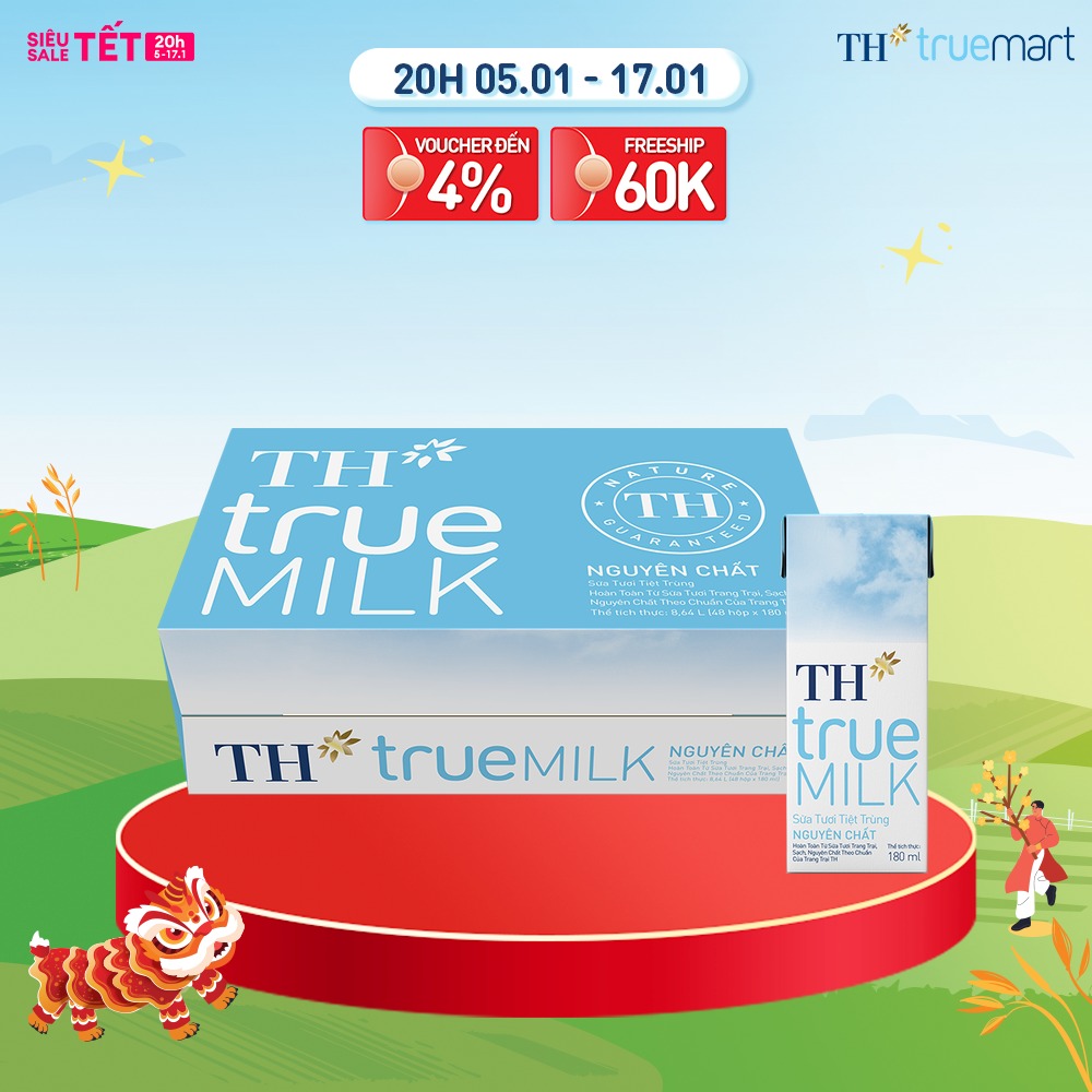 Thùng 48 hộp sữa tươi tiệt trùng TH true MILK nguyên chất 180 ml (180 ml x 48)