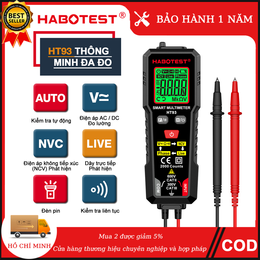 【Gửi hàng từ Bình Dương HABOTEST HT93 Máy đo điện áp vạn năng kỹ thuật số 2000 Đếm điện áp 600V AC/DC Máy đo điện áp NCV Trình tự pha Máy đo vạn năng tự động