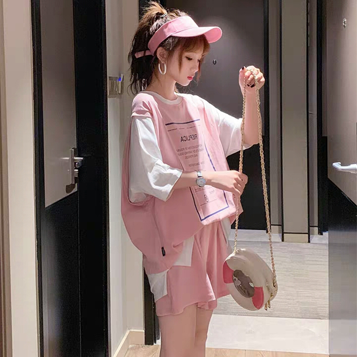 Set bộ quần áo thể thao thông thường gồm áo thun hai mảnh dáng rộng cổ tròn tay ngắn và quần short dành cho nữ - Xuanya