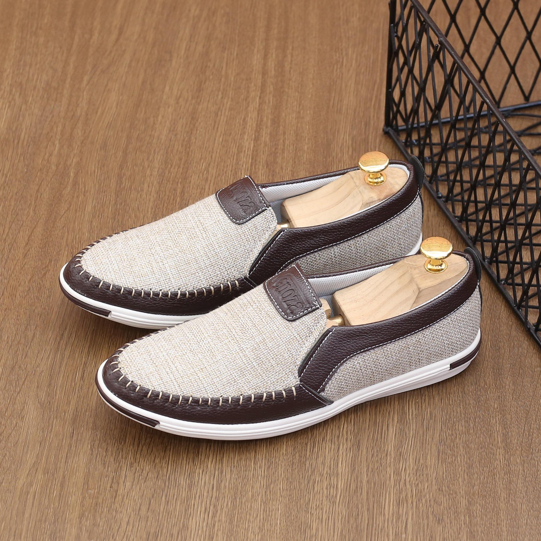 Giày lười vải nam, Giày mọi nam, Giày lười nam thời trang cao cấp mã MD1 nâu sáng. Khuyến mãi cực sốc