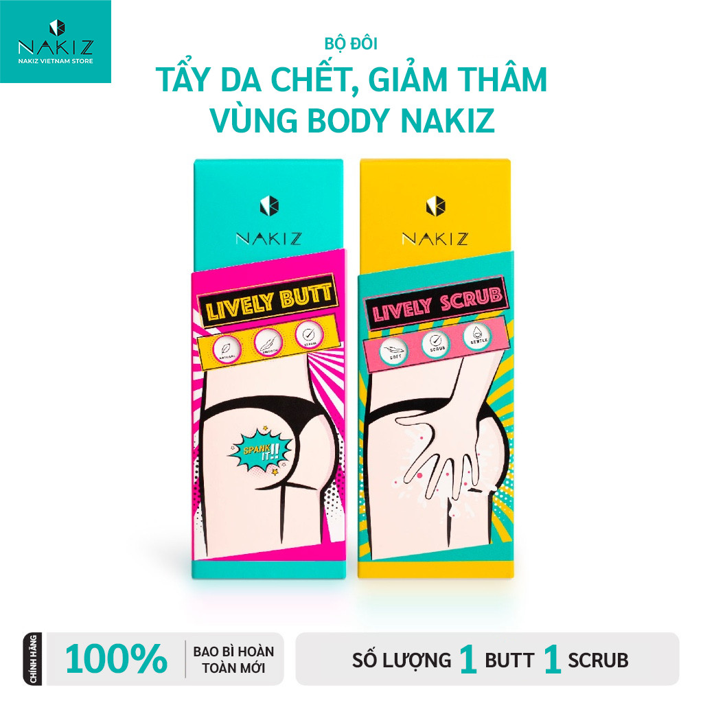 NAKIZ - Lively Butt + Lively Scrub x2 tác dụng, xóa đen mông, đen bẹn, tẩy tế bào chết cho da vùng kín, vùng da nhạy cảm
