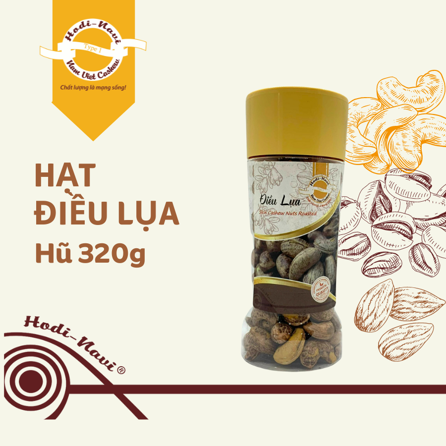 Hạt điều lụa rang muối HŨ 320G HODINAVI giòn, chín sâu, không chất bảo quản, hạt to, hàng xuất khẩu