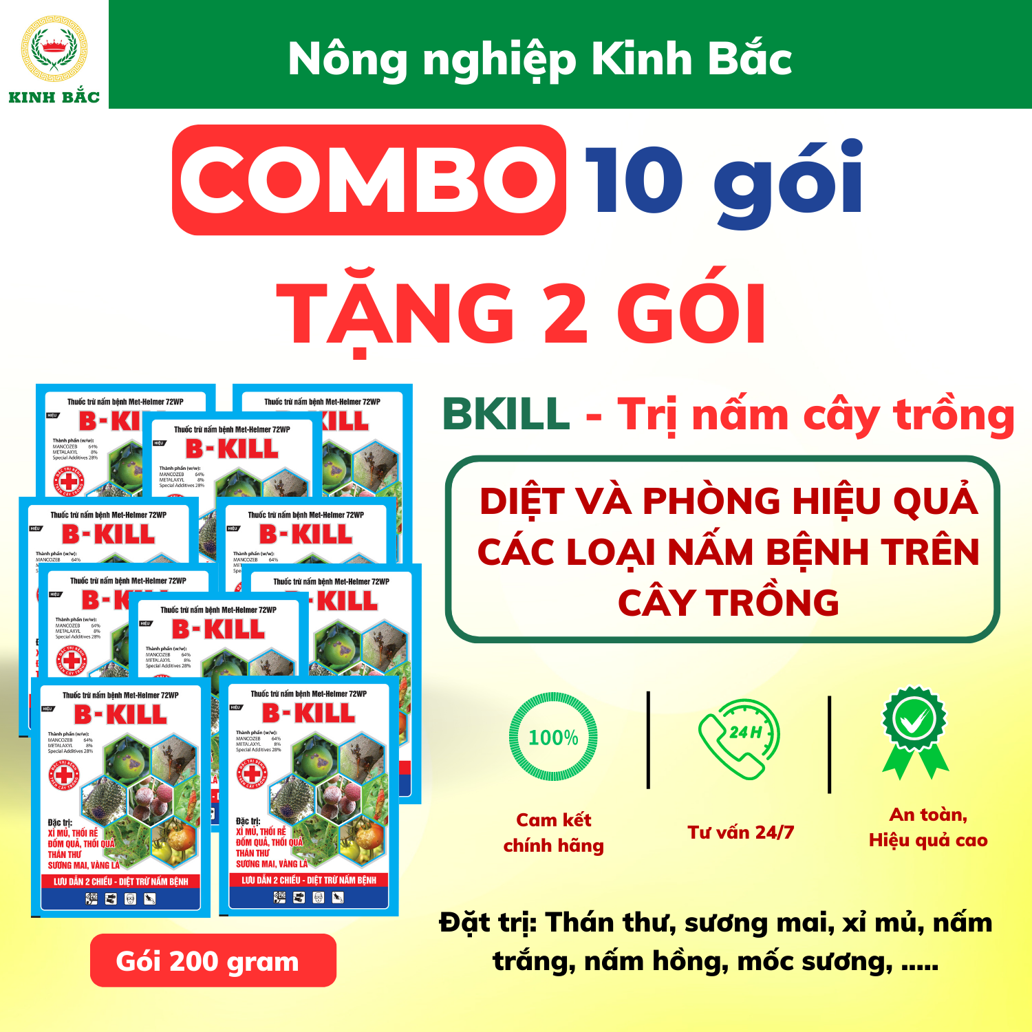 10 gói Thuốc Trừ Nấm Bệnh BKILL cho cây trồng ( Gói 200 Gram) - Sạch nấm bệnh cho hoa hồng, mai vàng, bonsai...