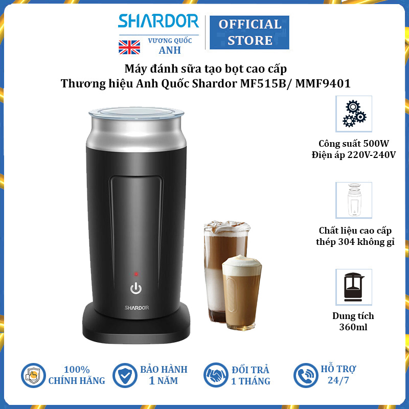 Máy đánh sữa tạo bọt 3 trong 1 cao cấp thương hiệu shardor mf515b - công suất: 500w - dung tích: 360ml - chất liệu: inox 304 và nhựa abs