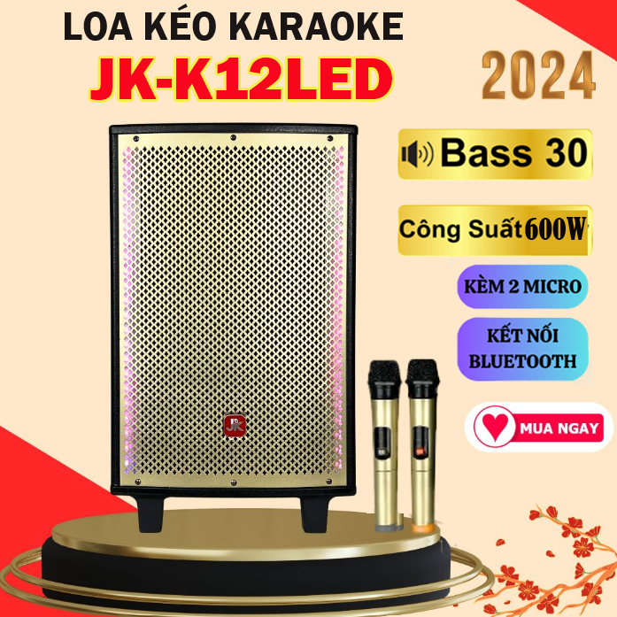  Loa Kéo  Karaoke Di Động JK-K12 LED Loa 2 Đường Tiếng 1 Bass 30Cm - Công Suất Lớn 600W Kèm 2 Micro Karaoke Không Dây - Tích Hợp Bluetooth 5.0,Phát nhạc MP3 qua USB  TF Card  Aux .Chế độ chỉnh Volume Bass Treble Echo Micro Vol . BH 12 Tháng 