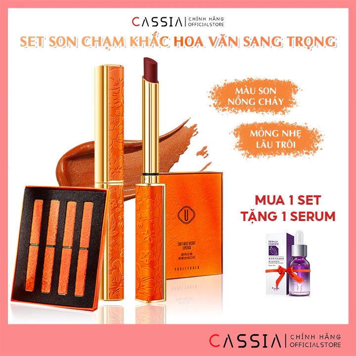 Set son thỏi lì chạm khắc hoa văn 4 cây dưỡng môi lâu trôi, Set son lì nội địa trung 4 màu hot trend siêu tôn da