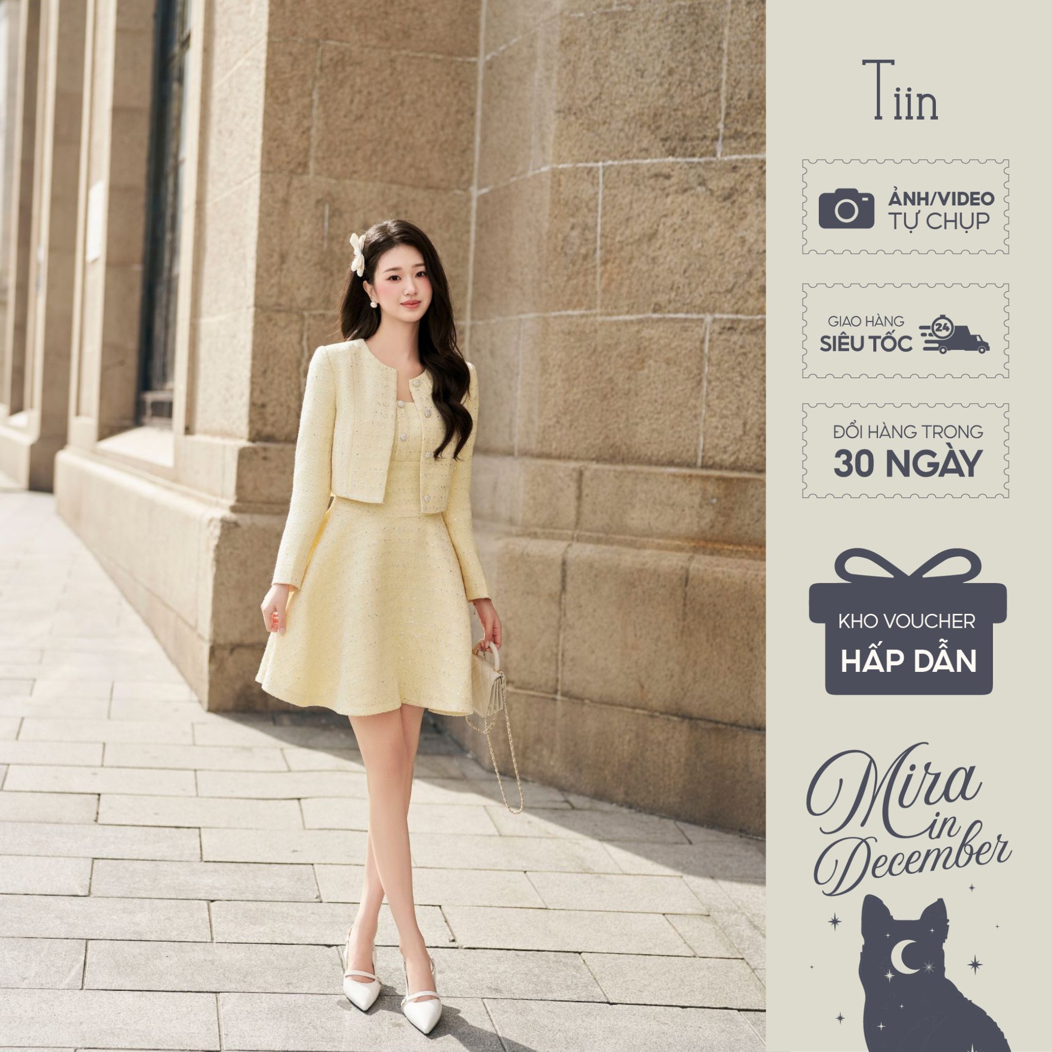   BST Mira  TIINSTORE Áo khoác dạ tweed thiết kế cổ tròn phối Váy 2 dây dáng xoè thanh lịch ADK.2510.348 VDN.2510.349 