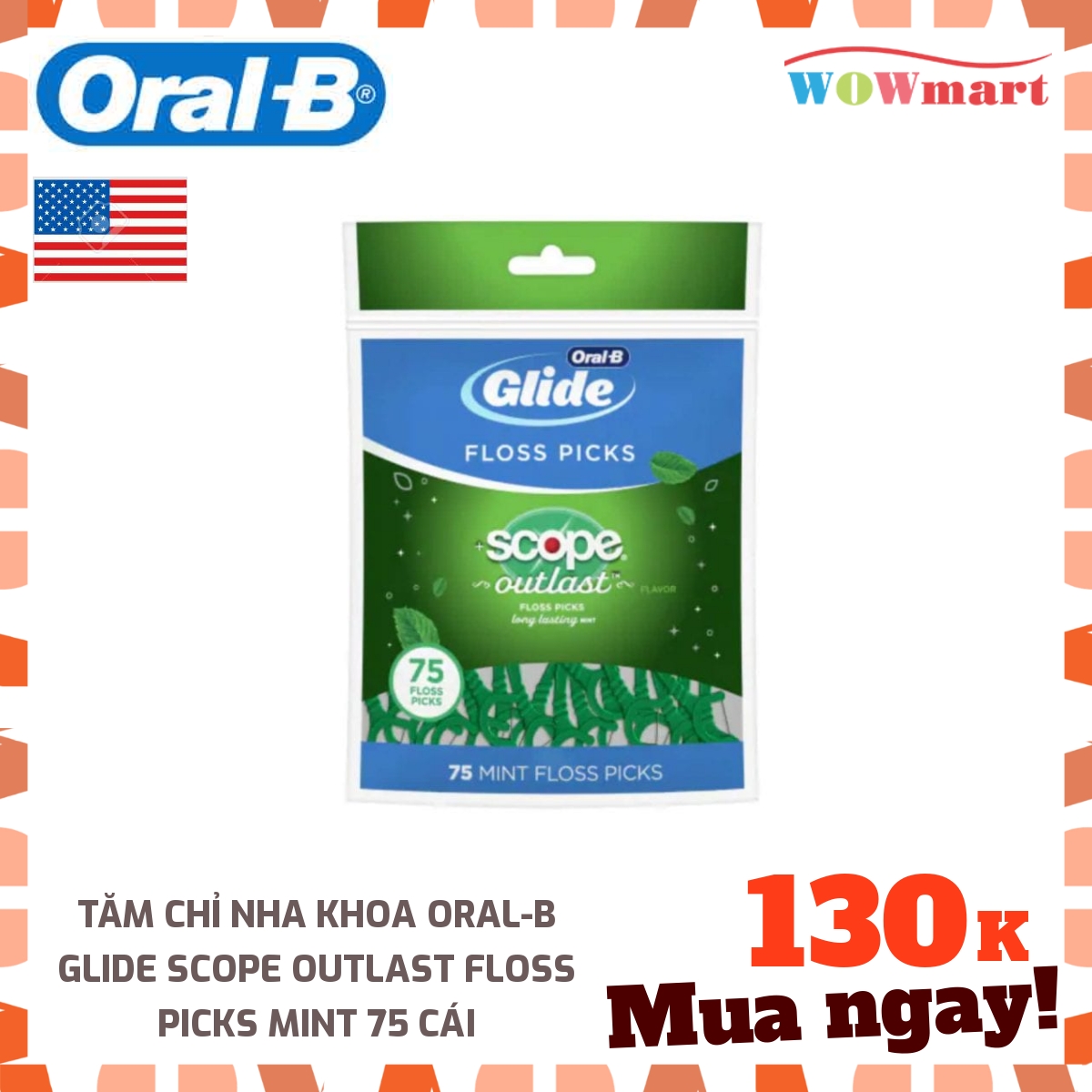 Tăm chỉ nha khoa Oral-B Glide Scope Outlast Floss Picks Mint 75 cái -